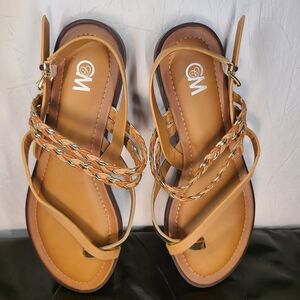 C&M Paris women's tan and gold braided flat sandals